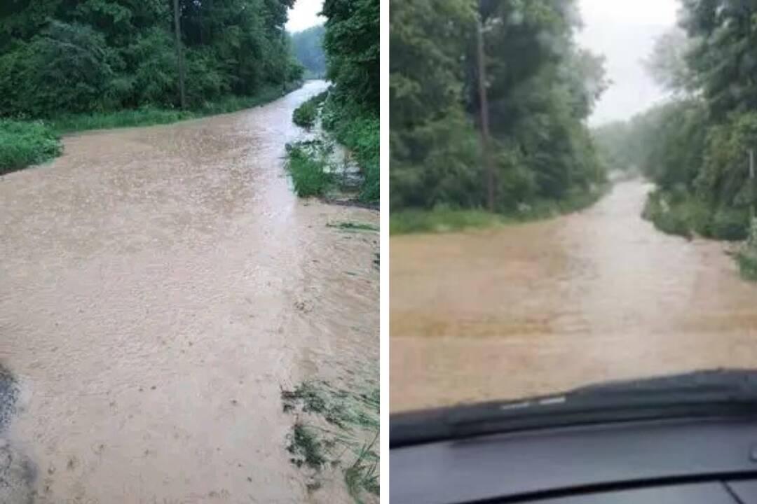 Foto: Hontianske Nemce zasiahla povodeň. Voda zaplavila cestu, ktorá bola neprejazdná