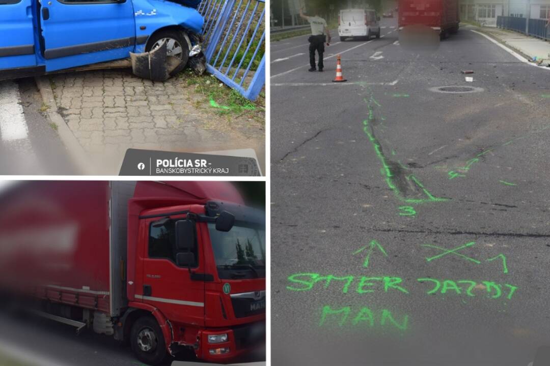 FOTO: Vo Veľkom Krtíši došlo k vážnej nehode. Osobné auto sa zrazilo s nákladným, zranila sa žena