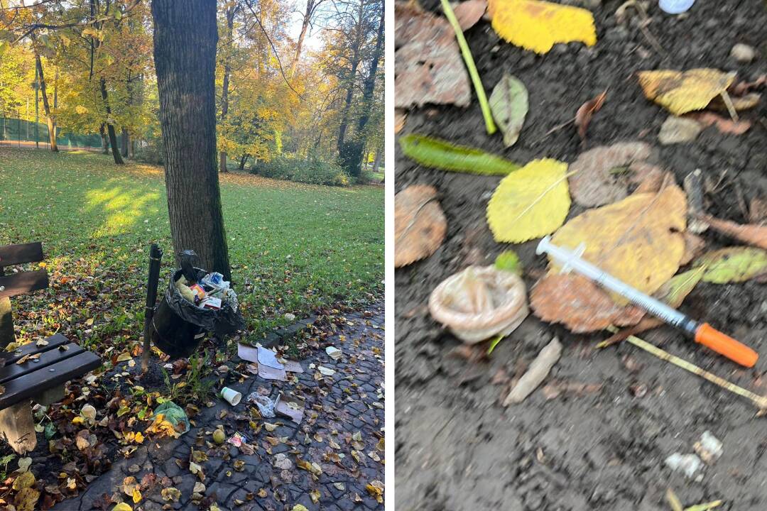 FOTO: Preplnené koše či použité striekačky. Banskobystričania sa hanbia za znečistený park